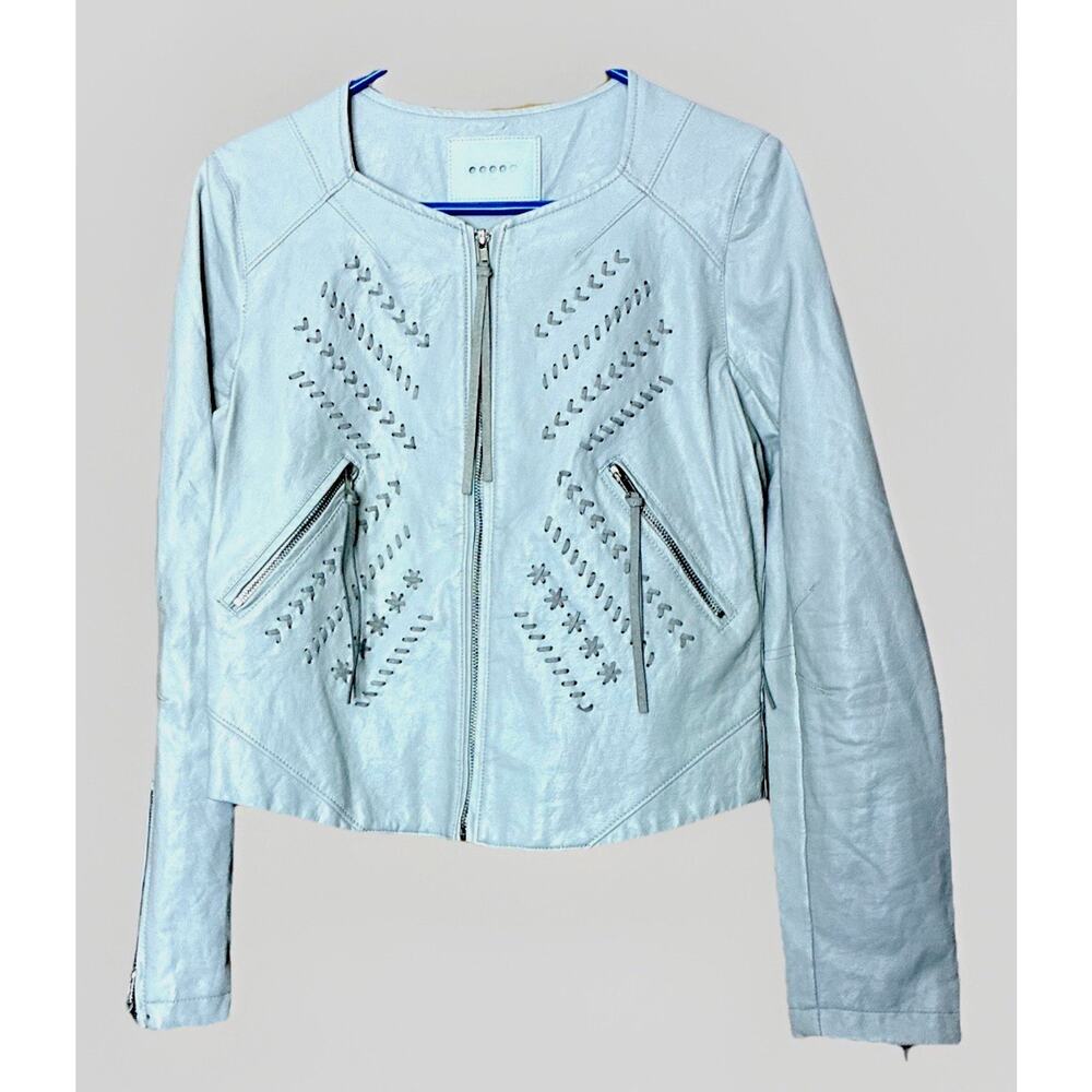 Y2K Cropped Jacket Sz M Imelda Crm Perforated Vegan Lthr Moto Boho Coachella Zip - Picture 2 of 11